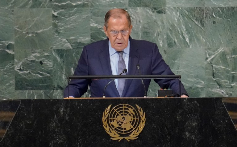 Foreign Minister of Russia Sergey Lavrov addresses the 77th session of the United Nations General Assembly, Saturday, Sept. 24, 2022 at U.N. headquarters. 
