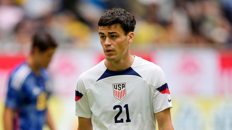 Giovanni Reyna is pictured prior to the international friendly soccer match between the USA and Japan in Duesseldorf, Germany, Friday, Sept. 23, 2022. 