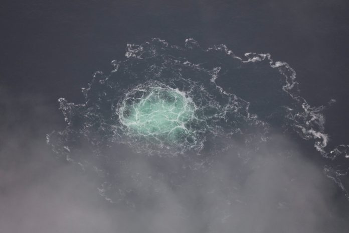 In this picture provided by Swedish Coast Guard, a release from Nord Stream 2 is seen on Sept. 28, 2022. 