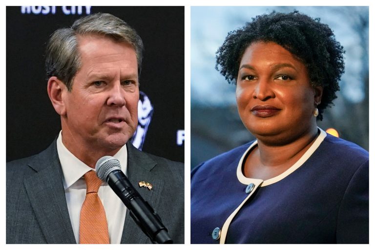 This combination of 2022 and 2021 file photos shows Georgia Gov. Brian Kemp, left, and gubernatorial Democratic candidate Stacey Abrams.