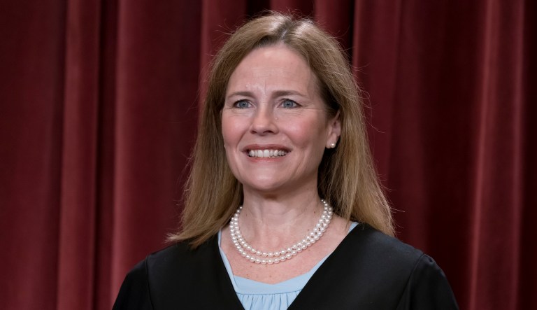 Associate Justice Amy Coney Barrett posed with the other Supreme Court justices for a new group portrait in Washington, D.C., Friday, Oct. 7, 2022. 