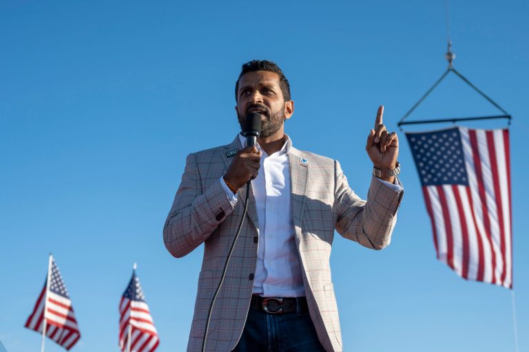 Kash Patel, who served as chief of staff to former Acting Secretary of Defense Christopher Miller, speaks at a rally in Minden, Nevada, Friday, Oct. 8, 2022. 
