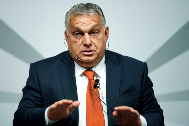 Hungarian Prime Minister Viktor Orban speaks during a panel discussion organised by publisher houses about 'Storm over Europe - the Ukraine war, the energy crisis and geopolitical challenges' in Berlin, Germany, Tuesday, Oct. 11, 2022.