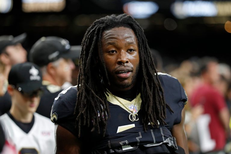 New Orleans Saints running back Alvin Kamara (41) warms up before an NFL football game against the Seattle Seahawks, Sunday, Oct. 9, 2022, in New Orleans.