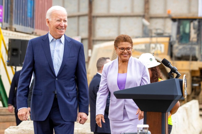 Karen Bass sees rival in LA mayor’s race inch ahead despite boost from Biden