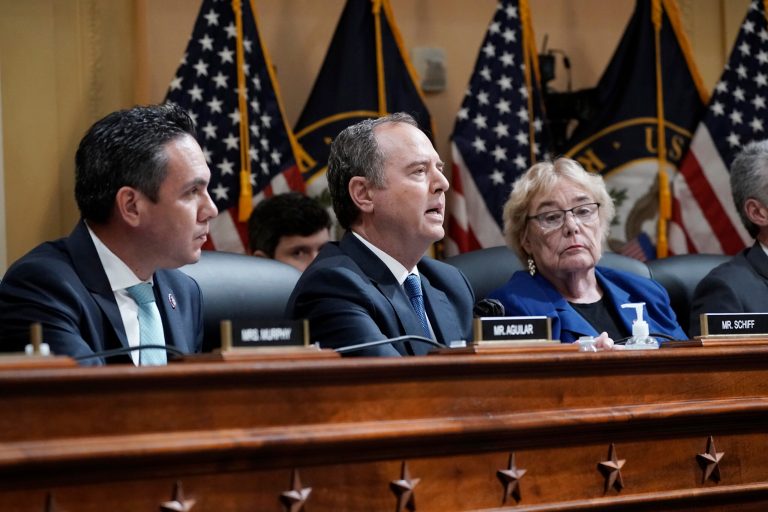 Rep. Adam Schiff speaks as the House select committee investigating the Jan. 6 attack on the U.S. Capitol holds a hearing, on Capitol Hill in Washington, Thursday, Oct. 13, 2022, as Rep. Pete Aguilar and Rep. Zoe Lofgren look on. 