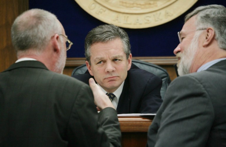 Then-Alaska State Senate President Ben Stevens, R-Anchorage, center, and Sen. Gary Stevens, R-Kodiak right, listen to Sen. Kim Elton, D-Juneau, May 3, 2006, during a Senate floor session at the Capitol in Juneau, Alaska.