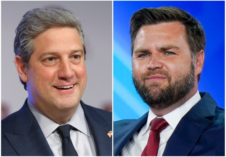 Ohio Democratic Senate candidate Rep. Tim Ryan, D-Ohio, on March 28, 2022, in Wilberforce, Ohio, left, and Republican candidate JD Vance on Aug. 5, 2022, in Dallas.