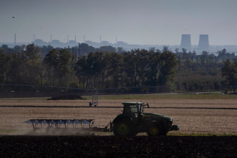 The Zaporizhzhia nuclear power plant is seen from around 20 kilometers away in an area in the Dnipropetrovsk region, Ukraine, Monday, Oct. 17, 2022. 