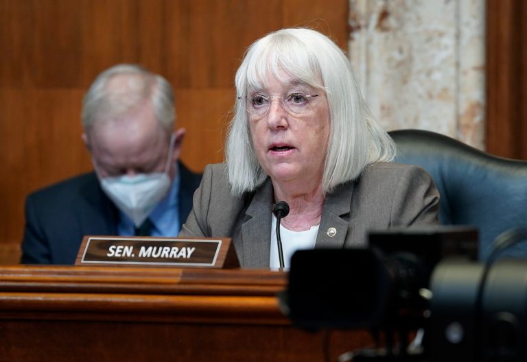 Sen. Patty Murray speaks during the House Committee on Appropriations Subcommittee on Labor, Health and Human Services, Education, and Related Agencies hearing. Murray faces Republican Tiffany Smiley in the November election.