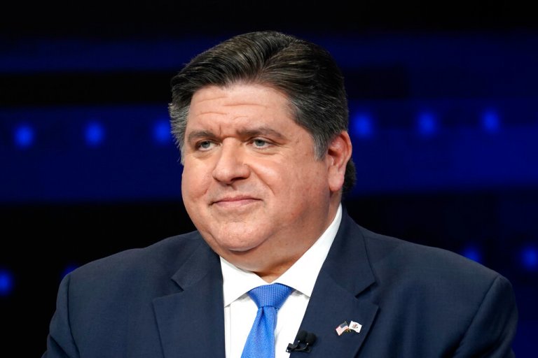 Gov. J.B. Pritzker (D-IL) participates in a debate with Republican gubernatorial challenger state Sen. Darren Bailey at the WGN9 studios on Tuesday, Oct. 18, 2022, in Chicago.