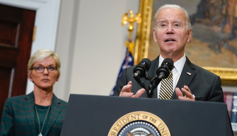 Energy Secretary Jennifer Granholm listens as President Joe Biden speaks about energy and the Strategic Petroleum Reserve during an event in the Roosevelt Room of the White House, Wednesday, Oct. 19, 2022, in Washington.