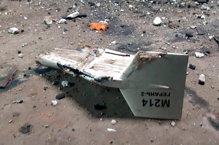 This undated photograph released by the Ukrainian military's Strategic Communications Directorate shows the wreckage of what Kyiv has described as an Iranian Shahed drone downed near Kupiansk, Ukraine.