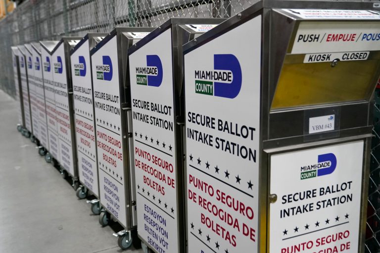 Ballot boxes are lined up as employees test voting equipment at the Miami-Dade County Elections Department, Oct. 19, 2022, in Miami.