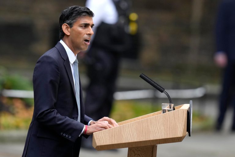 British Prime Minister Rishi Sunak delivers a speech at 10 Downing Street in London, Tuesday, Oct. 25, 2022. New British Prime Minister Rishi Sunak arrived at Downing Street Tuesday after returning from Buckingham Palace where he was invited to form a government by Britain's King Charles III.