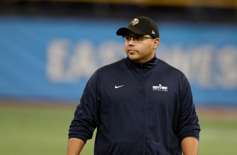 West head coach Adam Zimmer, of the Minnesota Vikings, looks on during the first half of the East West Shrine football game, Jan. 19, 2019.