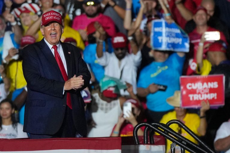 Former President Donald Trump reacts to the crowd after he finished speaking at a campaign rally in support of the campaign of Sen. Marco Rubio, R-Fla., at the Miami-Dade County Fair and Exposition on Sunday, Nov. 6, 2022, in Miami.