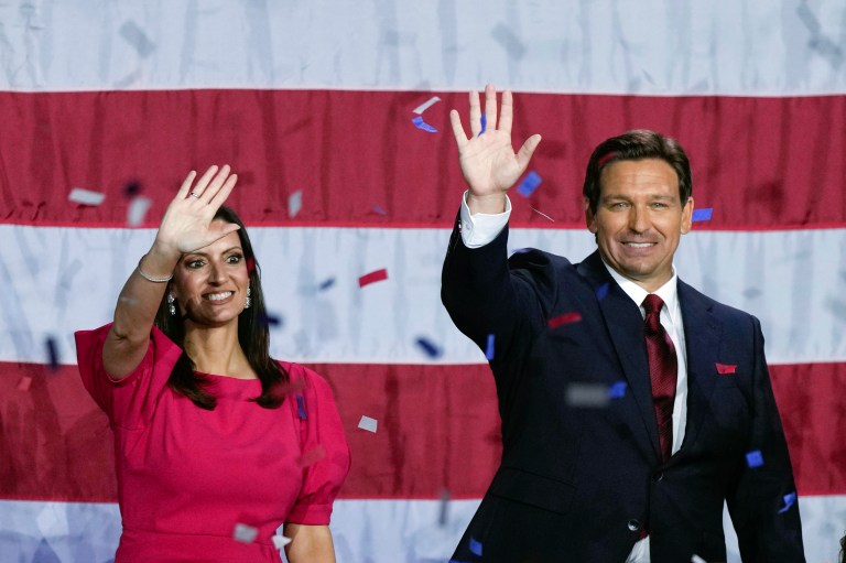 Incumbent Florida Republican Gov. Ron DeSantis, right, waves alongside his Lt. Gov. Jeanette Nunez at an election night party after winning his race for reelection in Tampa, Florida, Tuesday, Nov. 8, 2022. 