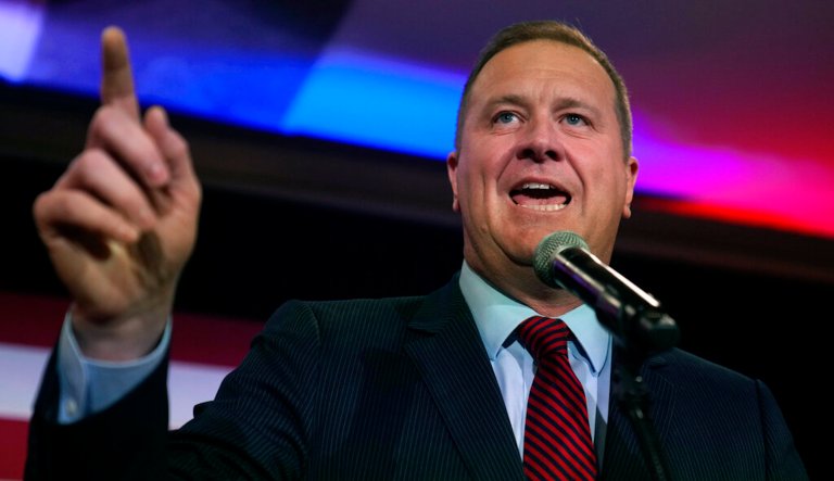 Republican Eric Schmitt, candidate for U.S. Senate,  delivers a victory speech, Tuesday, Nov. 8, 2022, in Maryland Heights, Mo. Schmitt defeated Democratic challenger Trudy Busch Valentine.