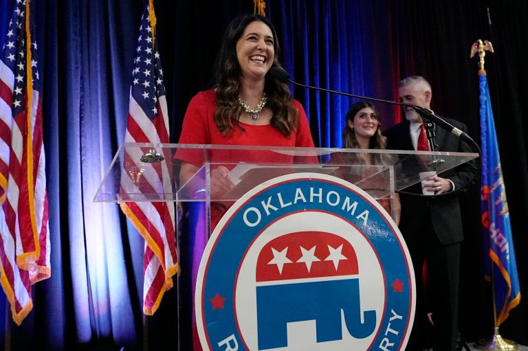 United States Rep. Stephanie Bice speaks to the crowd as she claims victory for a second term at a Republican Party watch party Tuesday, Nov. 8, 2022, in Oklahoma City. 
