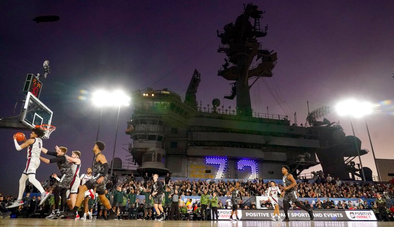 Gonzaga guard Julian Strawther (0) grabs a rebound during the second half of the Carrier Classic NCAA college basketball game against Michigan State aboard the USS Abraham Lincoln, Friday, Nov. 11, 2022, in Coronado, Calif.