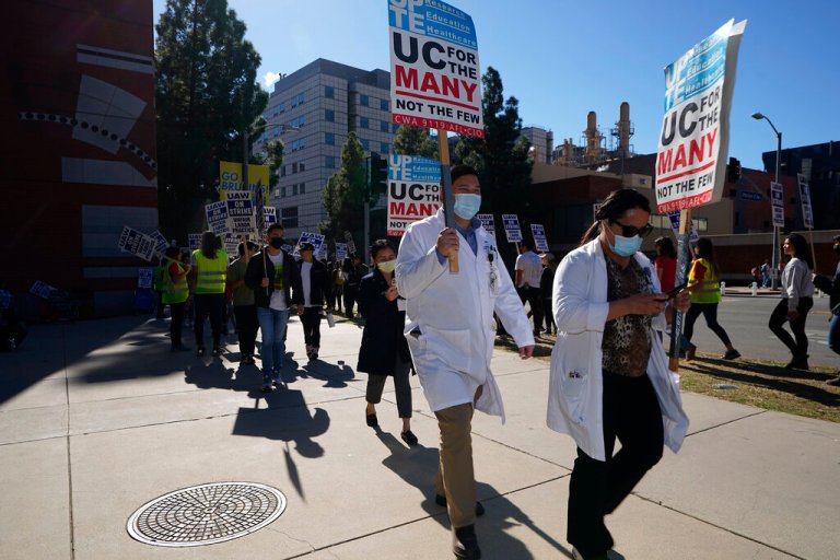 People participate in a protest outside the University of California Los Angeles campus in Los Angeles, Monday, Nov. 14, 2022.