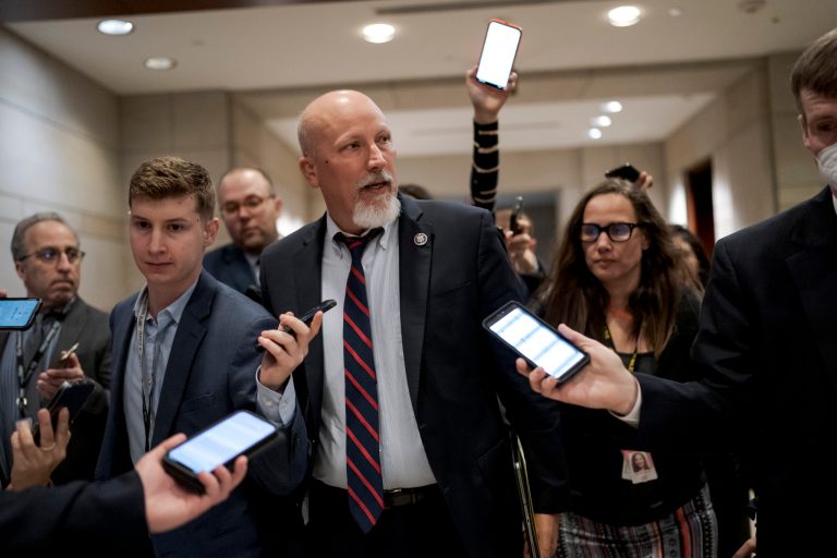 Rep. Chip Roy, R-Texas, a member of the conservative House Freedom Caucus, is surrounded by reporters as he arrives for a closed-door Republican leadership candidate forum, at the Capitol in Washington, Monday, Nov. 14, 2022. Roy claimed the 