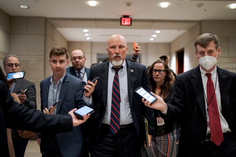 Rep. Chip Roy, R-Texas, a member of the conservative House Freedom Caucus, is surrounded by reporters as he arrives for a closed-door Republican leadership candidate forum, at the Capitol in Washington, Monday, Nov. 14, 2022. (AP Photo/J. Scott Applewhite)