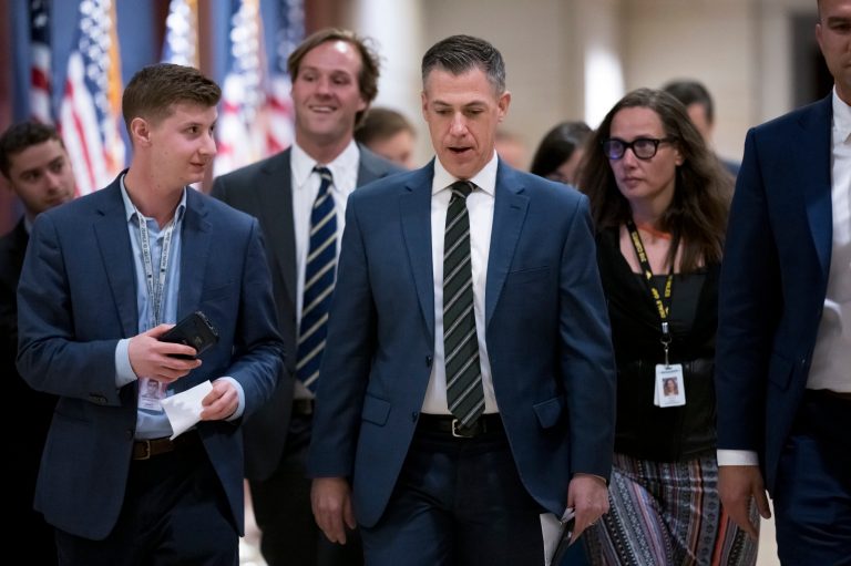 Rep. Jim Banks, R-Ind., an ally of former President Donald Trump, is questioned by reporters as he arrives to meet with fellow Republicans behind closed doors for their leadership candidate forum, where everyone running for a post must make their case to the membership, at the Capitol in Washington, Monday, Nov. 14, 2022. Banks wants to be the House Republican whip, a key position in the leadership. 