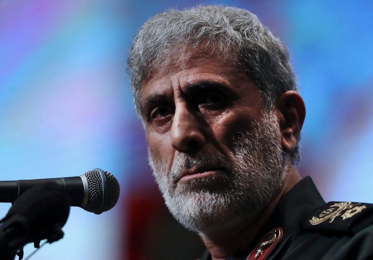 General Esmail Ghaani, head of Iran's expeditionary Quds Force, speaks in a ceremony in Tehran, Iran, Thursday, April 14, 2022. 