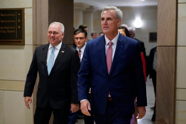 House Minority Leader Kevin McCarthy (R-CA), right, and House Minority Whip Steve Scalise (R-LA) arrive to speak with members of the press.