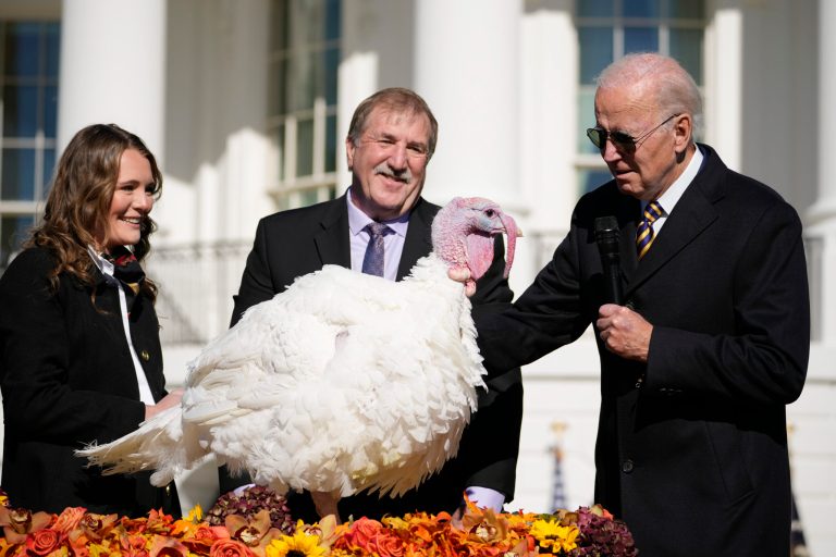 President Joe Biden pardons Chocolate, the national Thanksgiving turkey, at the White House in Washington.