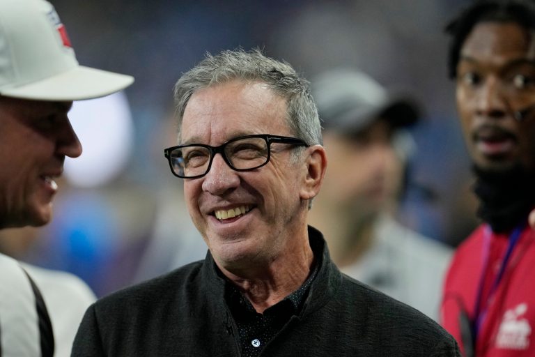 Actor and comedian Tim Allen is seen on the sideline during the pregame of the Detroit Lions and the Buffalo Bills NFL game, Thursday, Nov. 24, 2022, in Detroit.