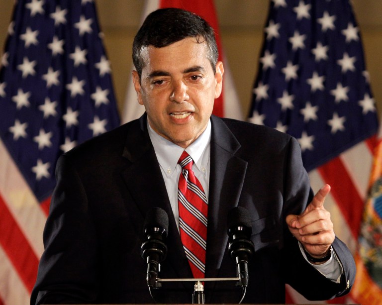 FILE - Then-Florida Republican Congressional candidate David Rivera speaks on Nov. 2, 2010, in Coral Gables, Fla. 