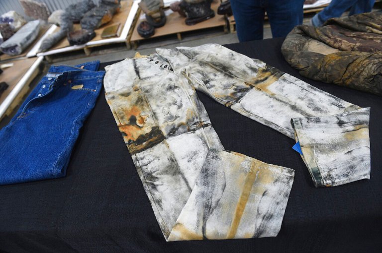 A pair of work pants, possibly made by or for Levi Strauss, from the S.S. Central America are seen in a warehouse in Sparks, Nev., on May 4, 2022. 