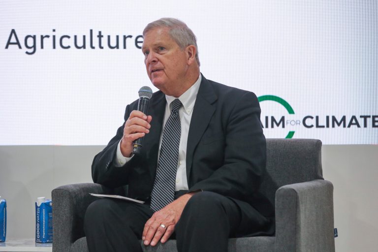 Agriculture Secretary Tom Vilsack speaks about the Aim for Climate Initiative with United Arab Emirates Minister for Climate Change and Environment Mariam Almeiri, in the UAE Pavilion at the COP27 U.N. Climate Summit, in Sharm el-Sheikh, Egypt, on Nov. 11, 2022. 