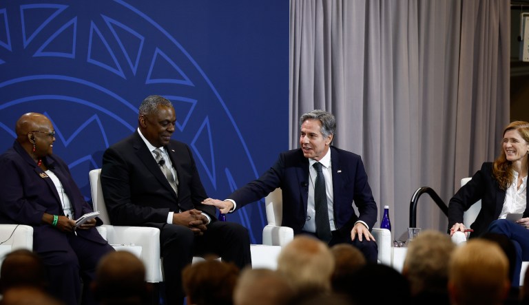 U.S. Secretary of State Antony Blinken speaks as he and U.S. Defense Secretary Lloyd Austin, second from left, participate in a Peace, Security and Governance Forum during the U.S.-Africa Leaders Summit 2022 in Washington, Tuesday, Dec. 13, 2022.