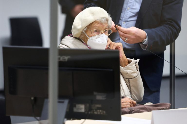 Irmgard Furchner, accused of being part of the apparatus that helped the Nazis' Stutthof concentration camp function, appears in court for the verdict in her trial in Itzehoe, Germany, Tuesday, Dec. 20, 2022.