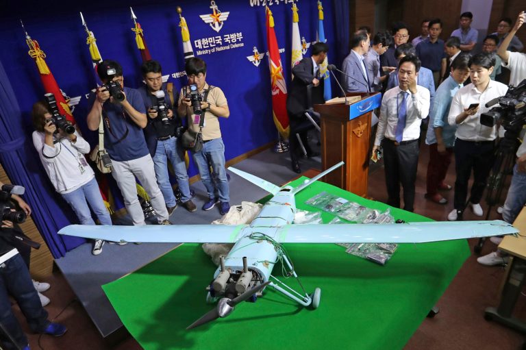 FILE - A suspected North Korean drone is viewed at the Defense Ministry in Seoul, South Korea, on June 21, 2017. South Korea's military fired warning shots and scrambled aircraft after North Korean drones entered the Southâs airspace on Monday, Dec. 26, 2022, South Korean officials said, days after the North launched two ballistic missiles in its latest testing activities. (Lee Jung-hoon/Yonhap via AP, File) 