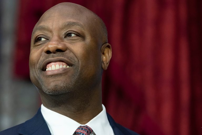 Sen. Tim Scott, R-S.C., participates in his ceremonial swearing-in by Vice President Kamala Harris, in the Old Senate Chamber on Capitol Hill in Washington, Tuesday, Jan. 3, 2023.