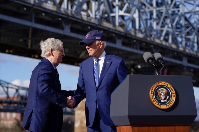 President Joe Biden shakes hands with Senate Minority Leader Mitch McConnell.