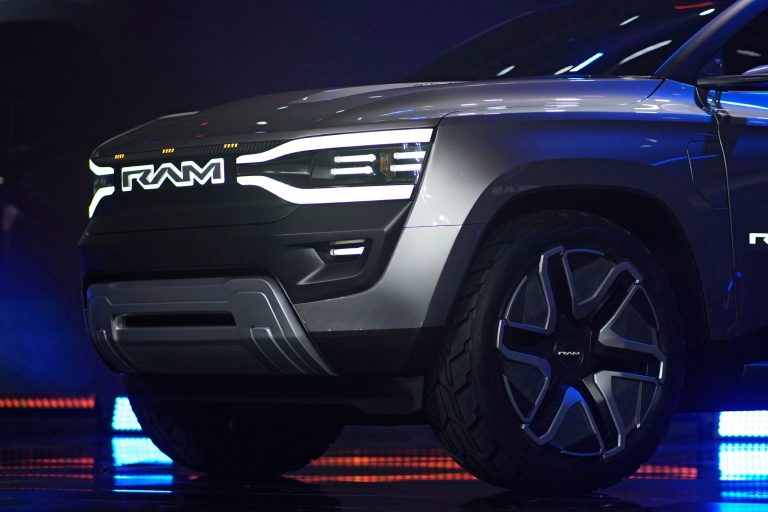 The Ram 1500 Revolution electric battery powered pickup truck is displayed on stage during the Stellantis keynote at the CES tech show Thursday, Jan. 5, 2023, in Las Vegas. 