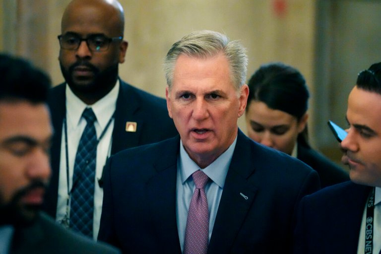House Republican Leader Kevin McCarthy, R-Calif., arrives as the House meets for the fourth day to elect a speaker and convene the 118th Congress in Washington, Friday, Jan. 6.