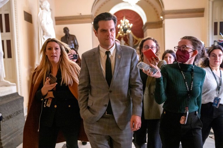 Rep. Matt Gaetz, R-Fla., is asked questions by reporters, Friday, Jan. 6, 2023, ahead of the 14th vote for Speaker of the House, on Capitol Hill in Washington. 