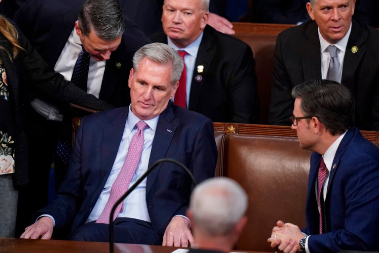 Rep. Kevin McCarthy, R-Calif., reacts after losing the 14th vote in the House chamber as the House meets for the fourth day to elect a speaker and convene the 118th Congress in Washington, Friday, Jan. 6, 2023. 