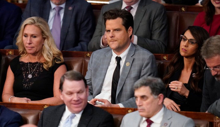 Rep. Marjorie Taylor Greene, Rep. Matt Gaetz, and Rep. Lauren Boebert listen during the 15th round of votes in the House chamber as the House enters the fifth day trying to elect a speaker and convene the 118th Congress in Washington, early Saturday, Jan. 7, 2023. 