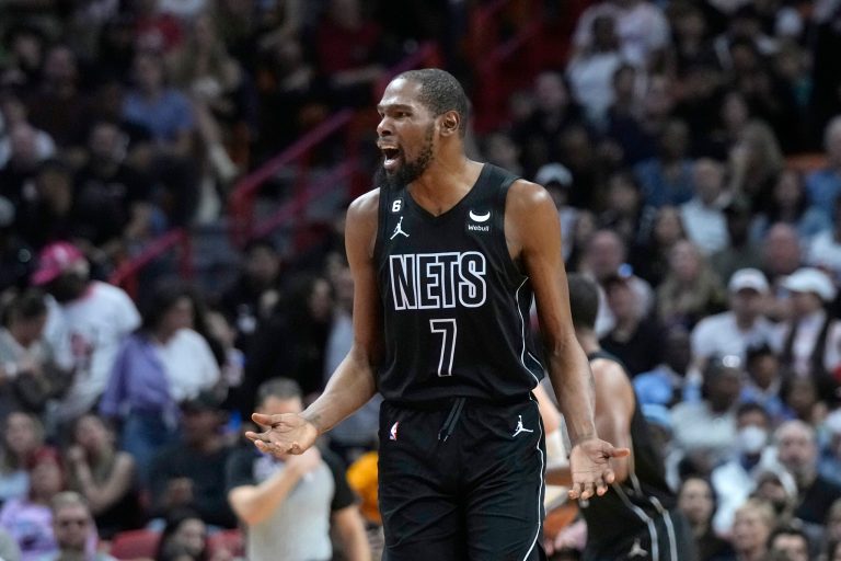 Brooklyn Nets forward Kevin Durant reacts after a play during the second half of an NBA basketball game against the Miami Heat, Sunday, Jan. 8, 2023, in Miami. 