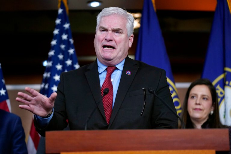 Rep. Tom Emmer (R-MN) speaks at a news conference on Capitol Hill in Washington, Tuesday, Jan. 10, 2023, as Rep. Elise Stefanik (R-NY) listens.