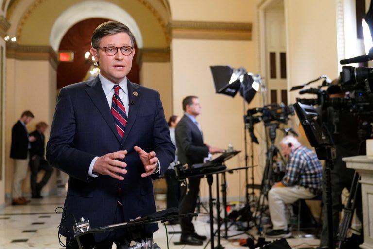 Rep. Mike Johnson (R-LA) speaks during a television interview on Capitol Hill in Washington, Tuesday, Jan. 10, 2023. 