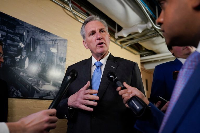 House Speaker Kevin McCarthy of Calif., speaks with members of the press before attending a House Republican Steering Committee meeting on Capitol Hill in Washington, Wednesday, Jan. 11, 2023. 